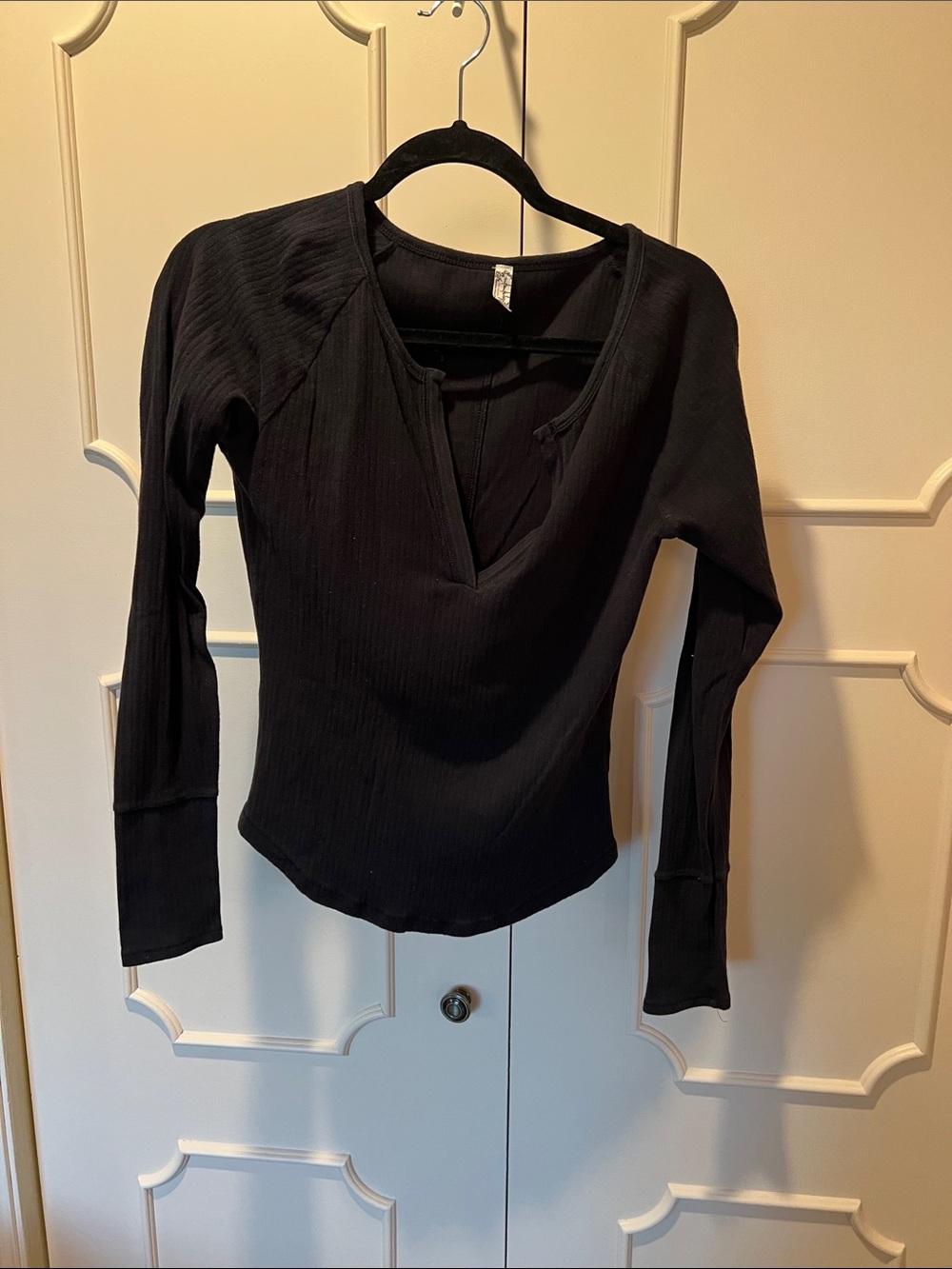 Free People Black Ribbed Long-Sleeve V-Neck Top